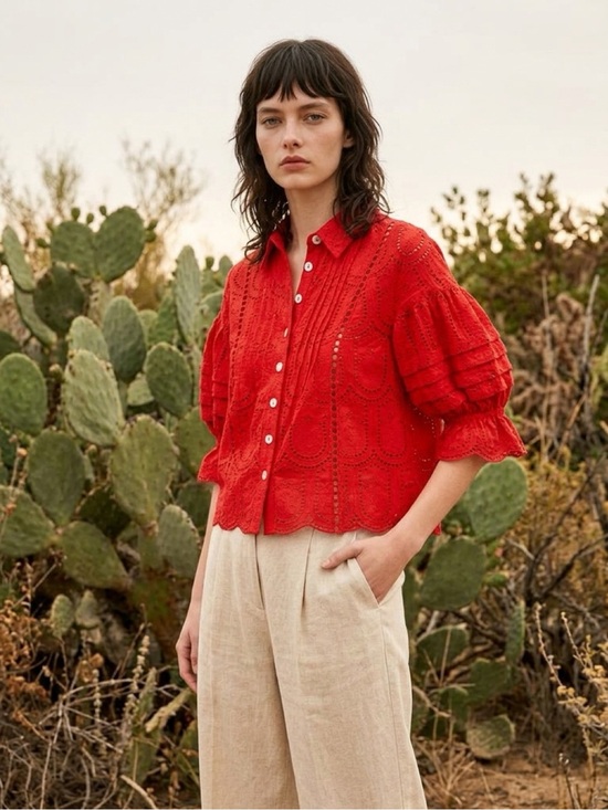 FARM Rio Tops - FARM Rio Red Eyelet Button-Front Puff Sleeve Blouse with Matching Red Camisole